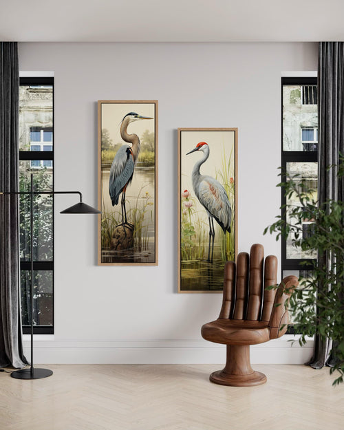 Blue Heron and Sandhill Crane Tall Vertical  Set of 2 Canvas Wall Art