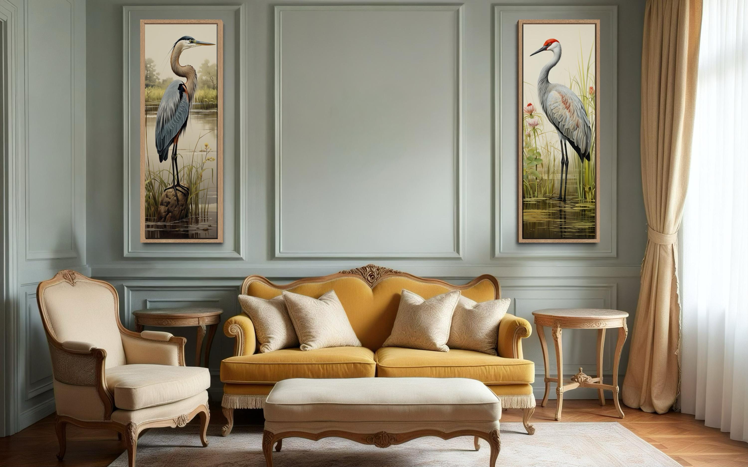Blue Heron and Sandhill Crane Tall Vertical  Set of 2 Canvas Wall Art