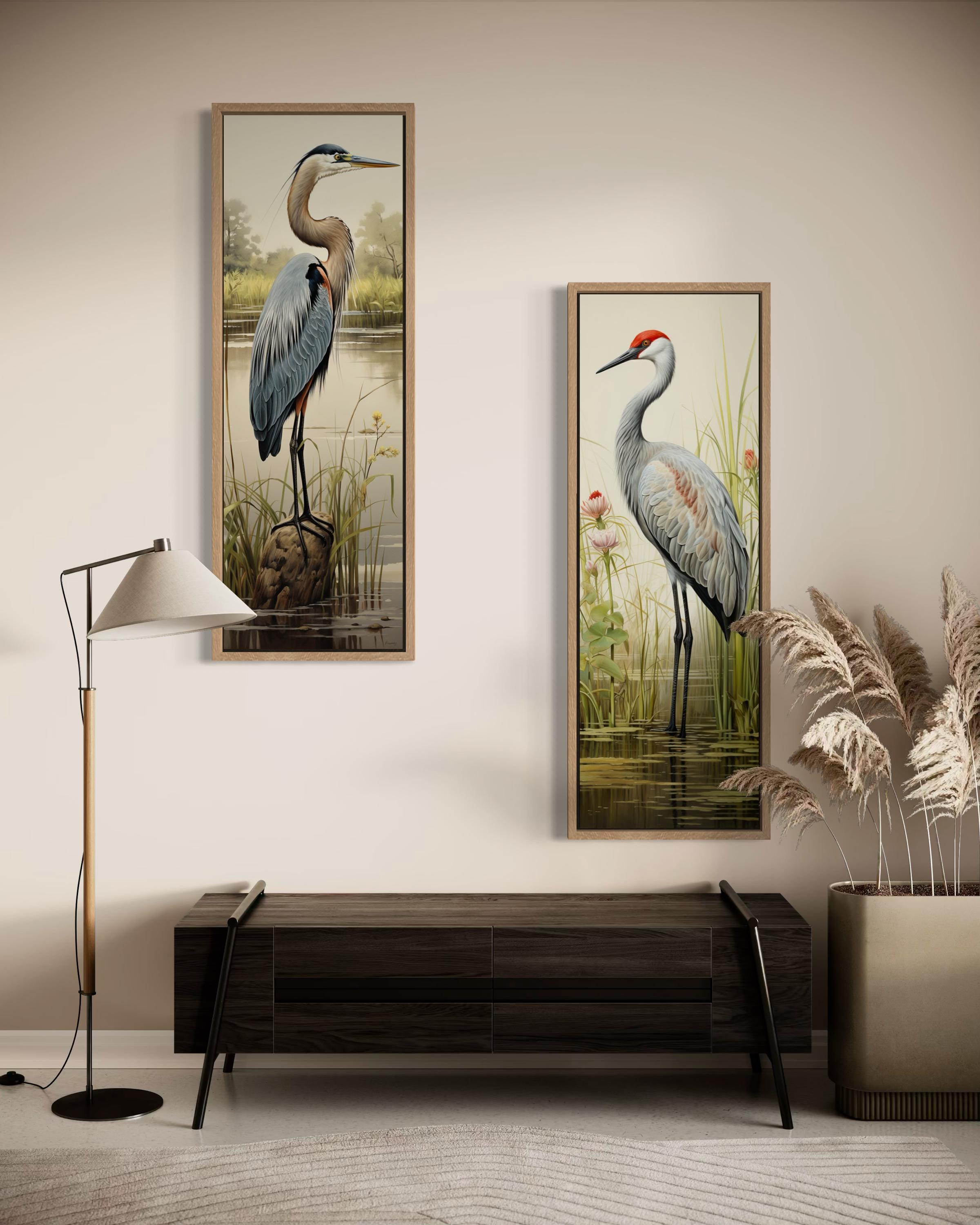 Blue Heron and Sandhill Crane Tall Vertical  Set of 2 Canvas Wall Art