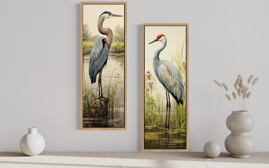 Blue Heron and Sandhill Crane Tall Vertical  Set of 2 Canvas Wall Art