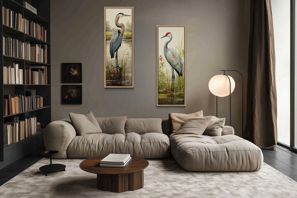 Blue Heron and Sandhill Crane Tall Vertical  Set of 2 Canvas Wall Art
