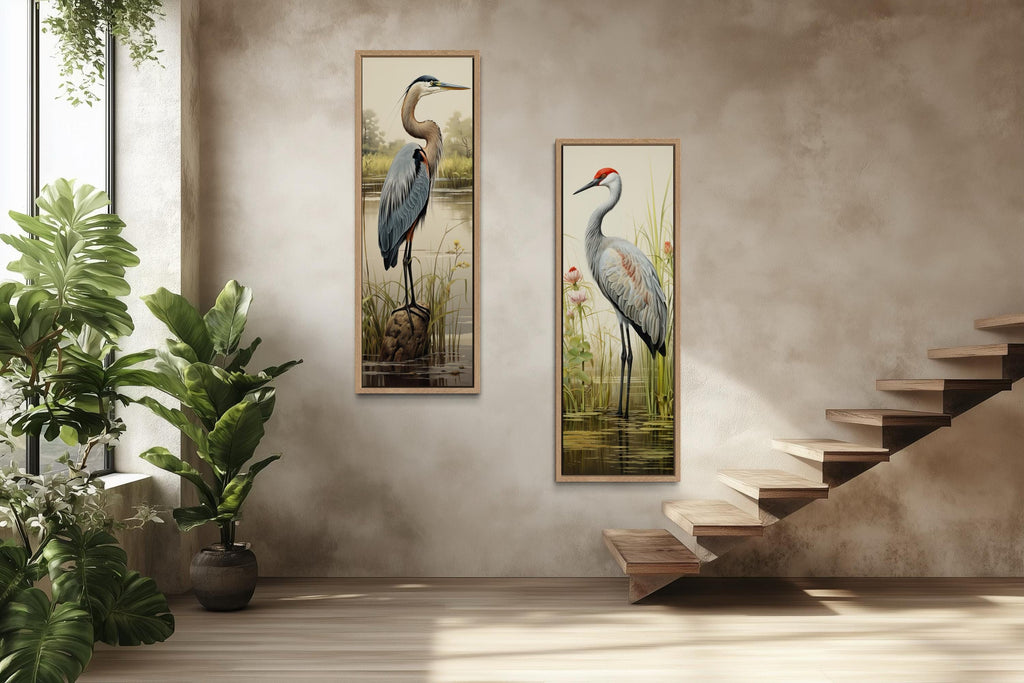 Blue Heron and Sandhill Crane Tall Vertical  Set of 2 Canvas Wall Art