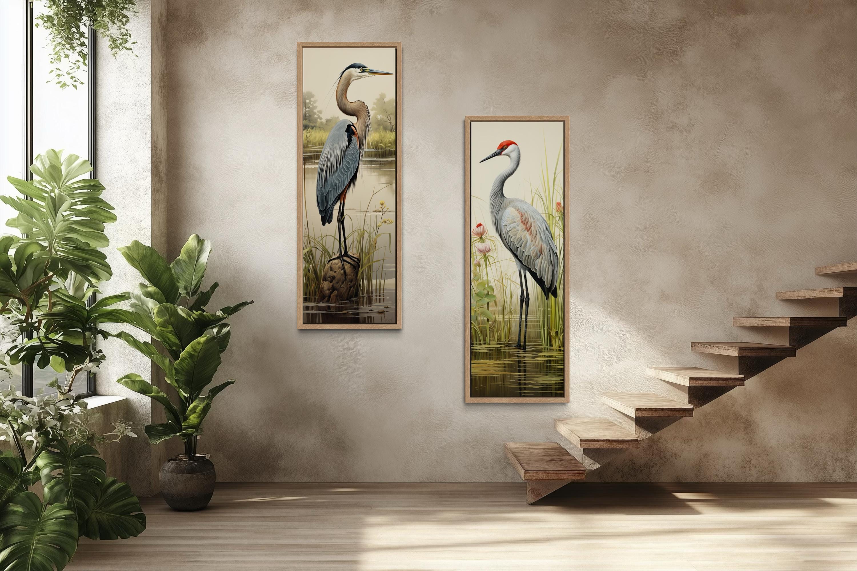 Blue Heron and Sandhill Crane Tall Vertical  Set of 2 Canvas Wall Art