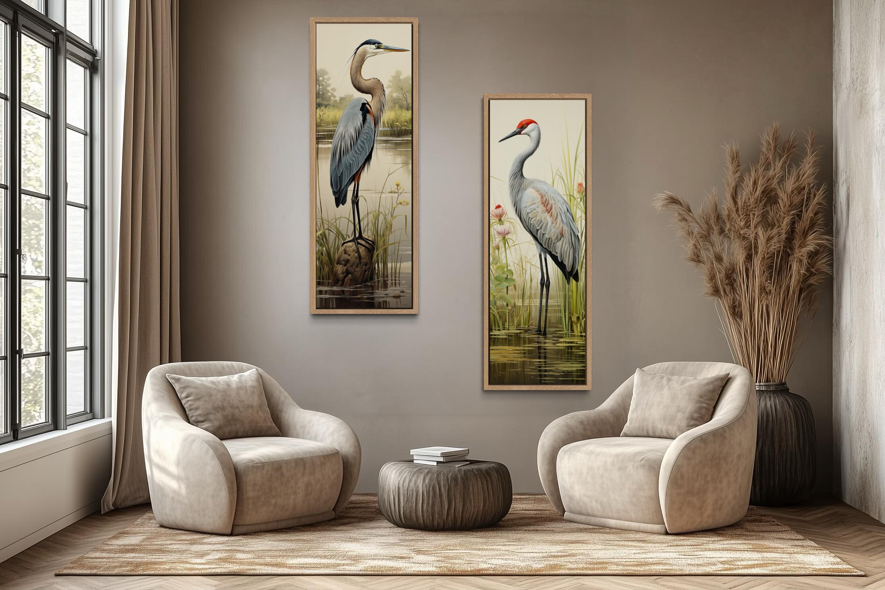 Blue Heron and Sandhill Crane Tall Vertical  Set of 2 Canvas Wall Art