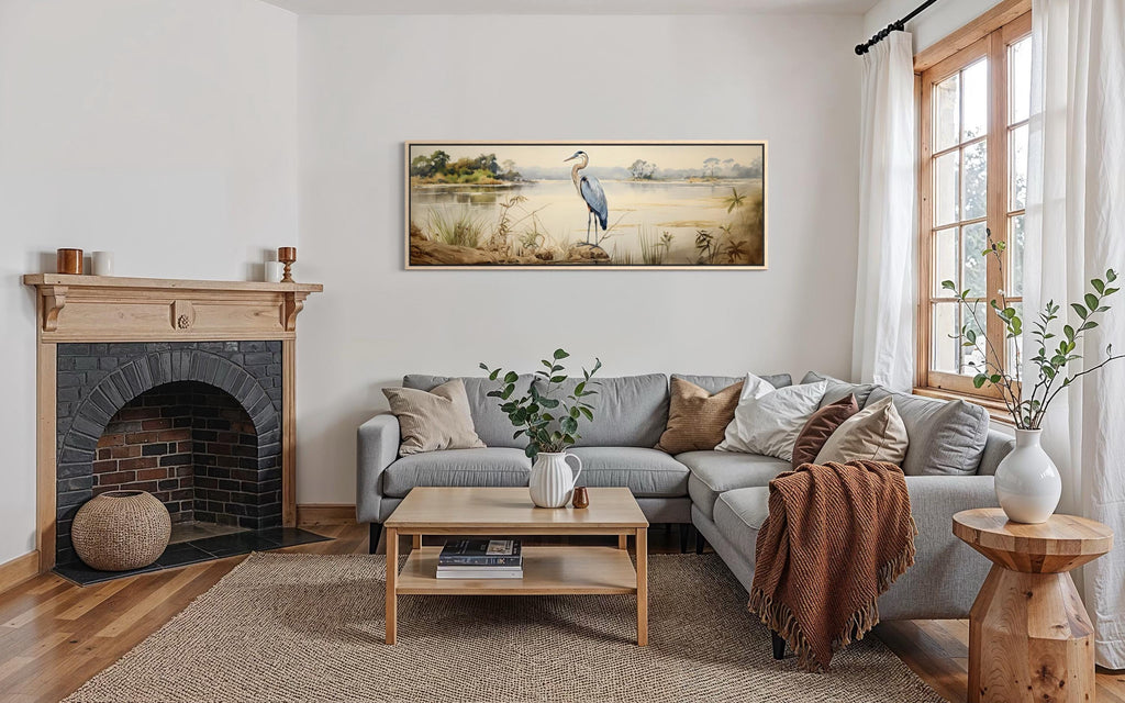 Blue Heron by the Lake Long Horizontal Canvas Wall Art