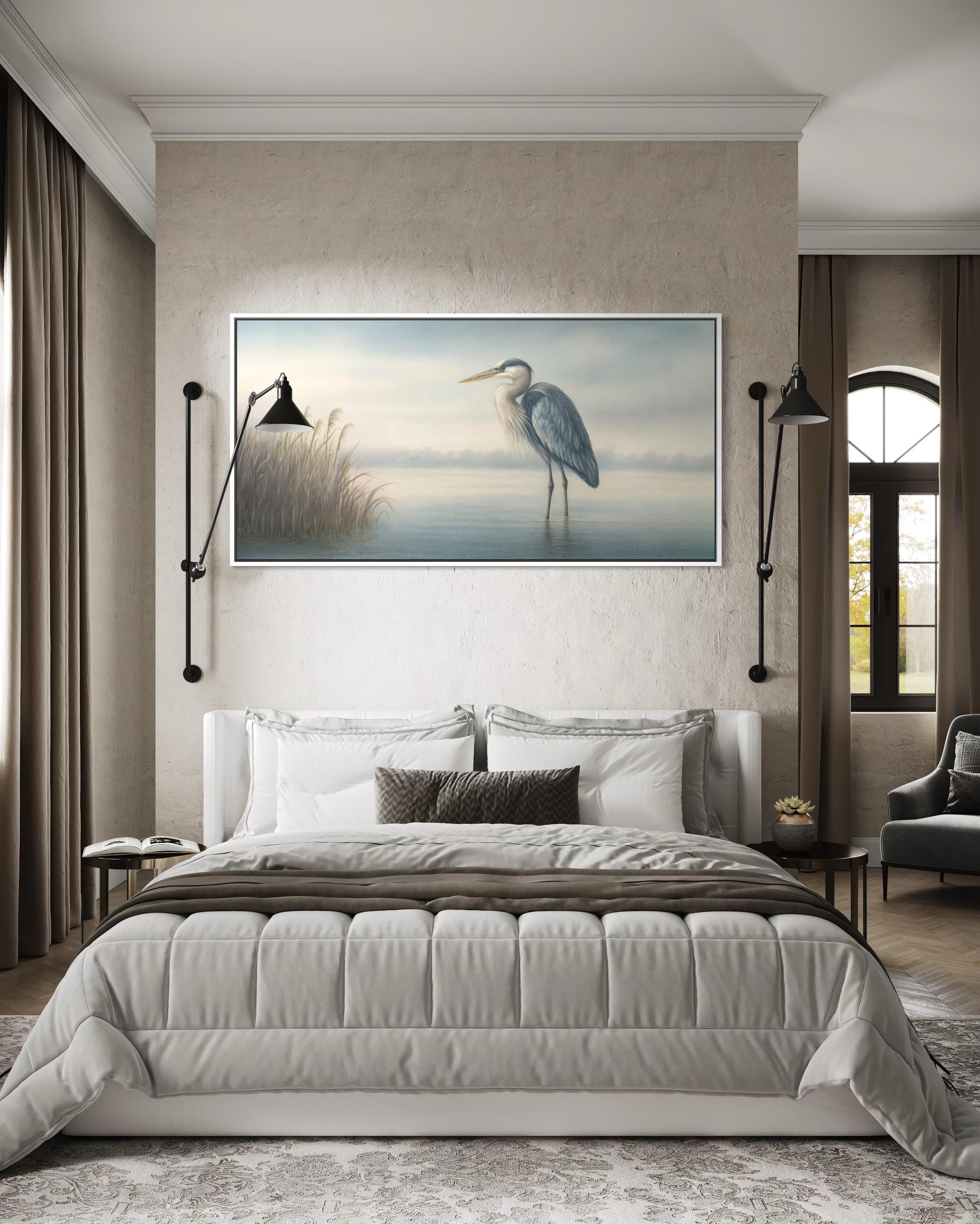 Blue Heron in Misty Lake Framed Canvas Wall Art