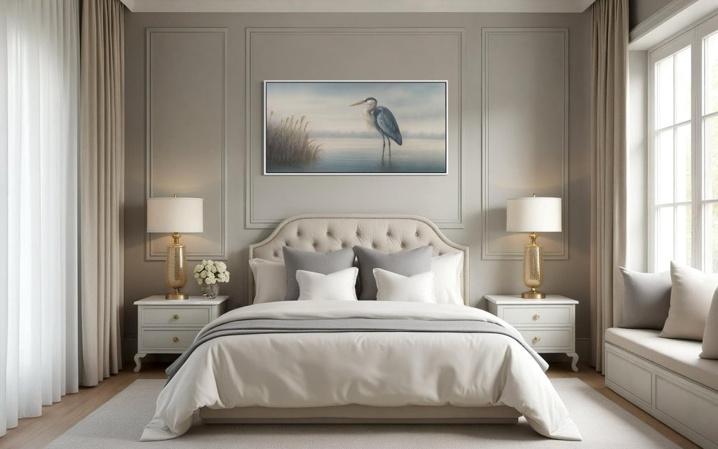 Blue Heron in Misty Lake Framed Canvas Wall Art