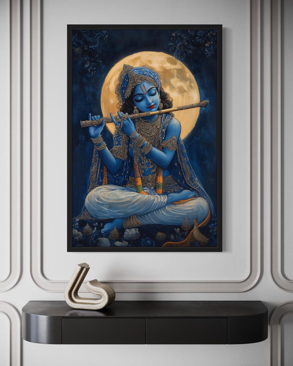 Blue Krishna Playing Flute Under Full Moon Framed Canvas Wall Art