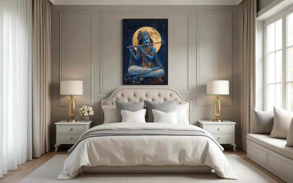 Blue Krishna Playing Flute Under Full Moon Framed Canvas Wall Art