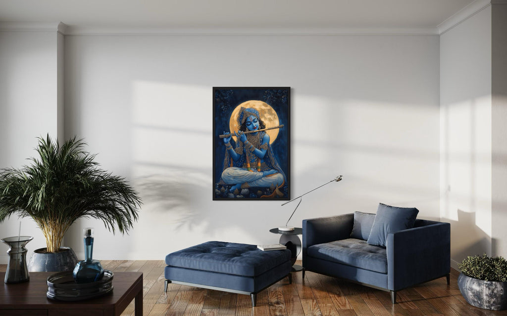 Blue Krishna Playing Flute Under Full Moon Framed Canvas Wall Art