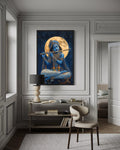 Blue Krishna Playing Flute Under Full Moon Framed Canvas Wall Art