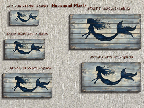 Blue Mermaid Silhouette Distressed Wood Wall Art