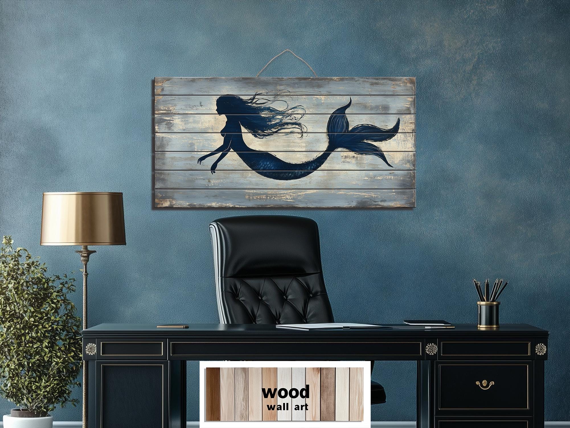 Blue Mermaid Silhouette Distressed Wood Wall Art