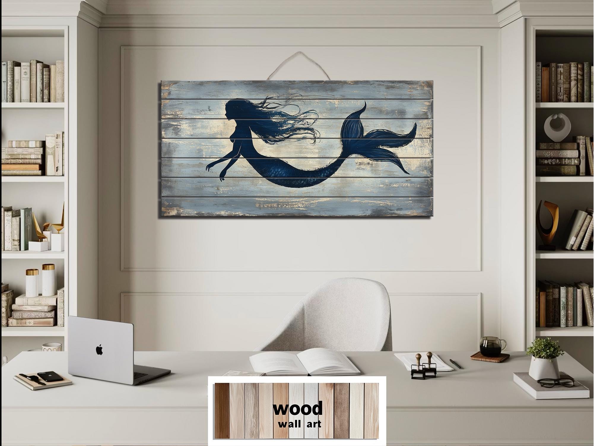 Blue Mermaid Silhouette Distressed Wood Wall Art