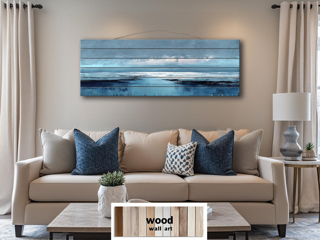 Blue Ocean Horizon Painting Distressed Wood Wall Art