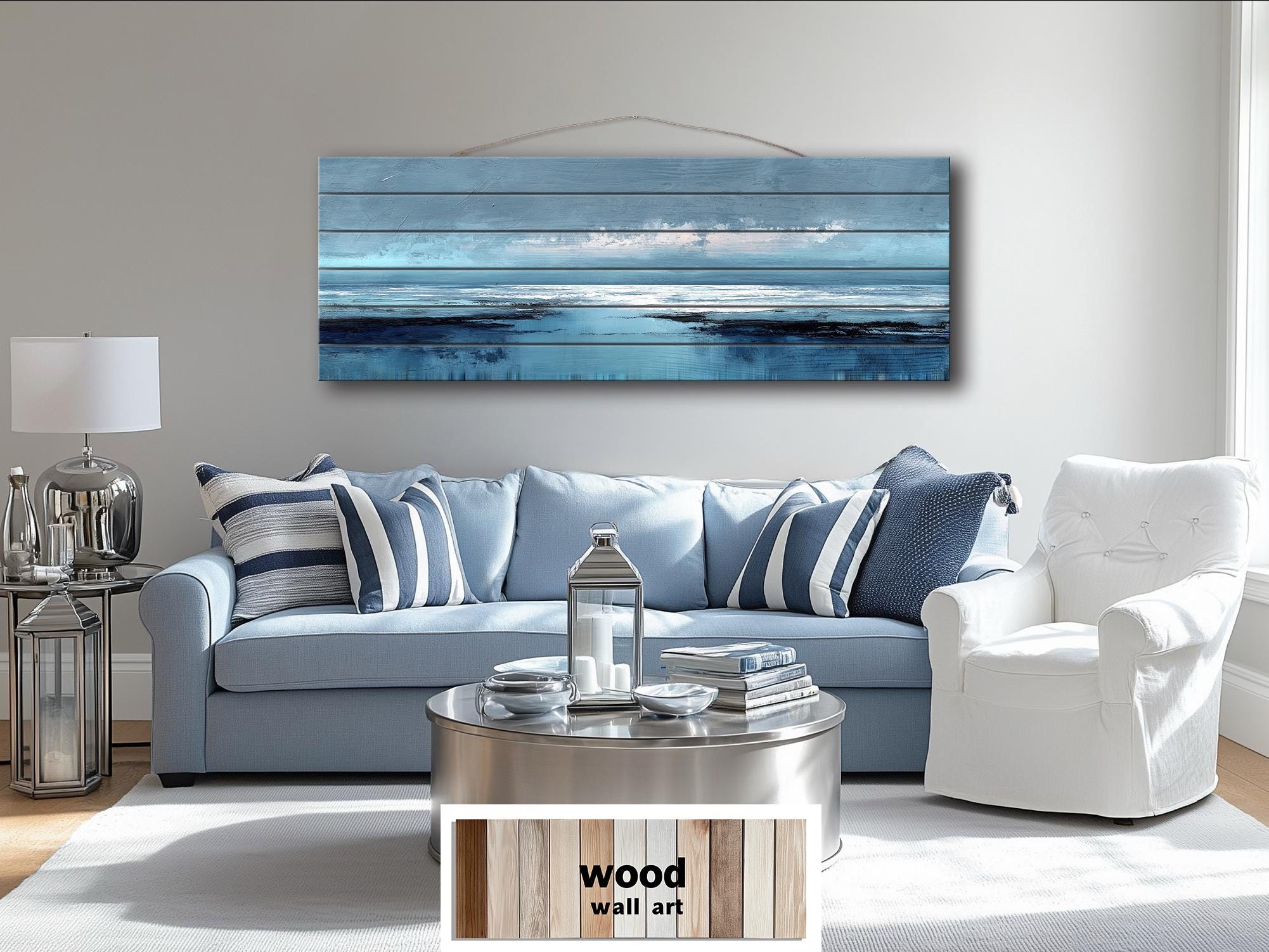 Blue Ocean Horizon Painting Distressed Wood Wall Art