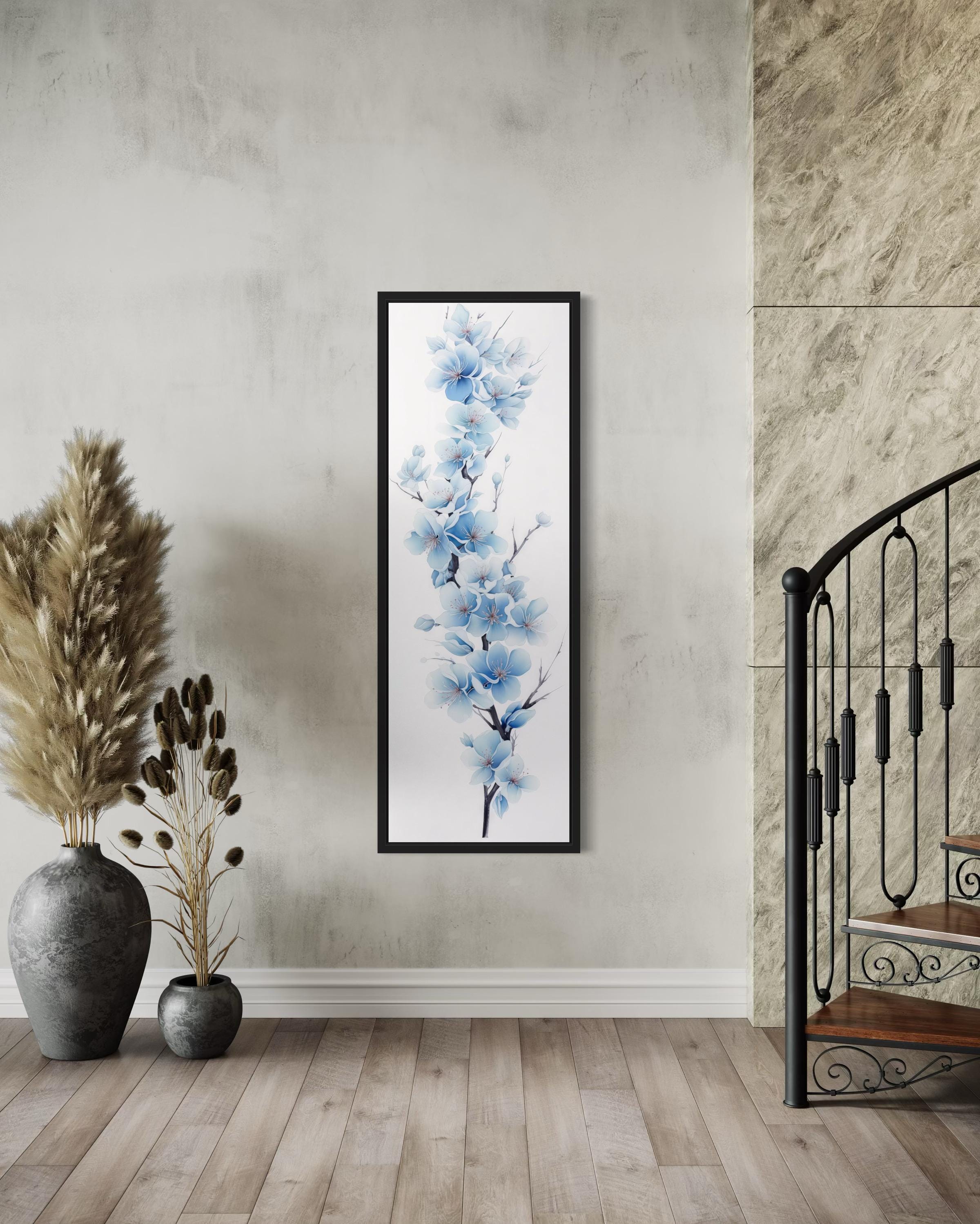 Blue Watercolor Floral Sakura Blossom Vertical Narrow Canvas Wall Art