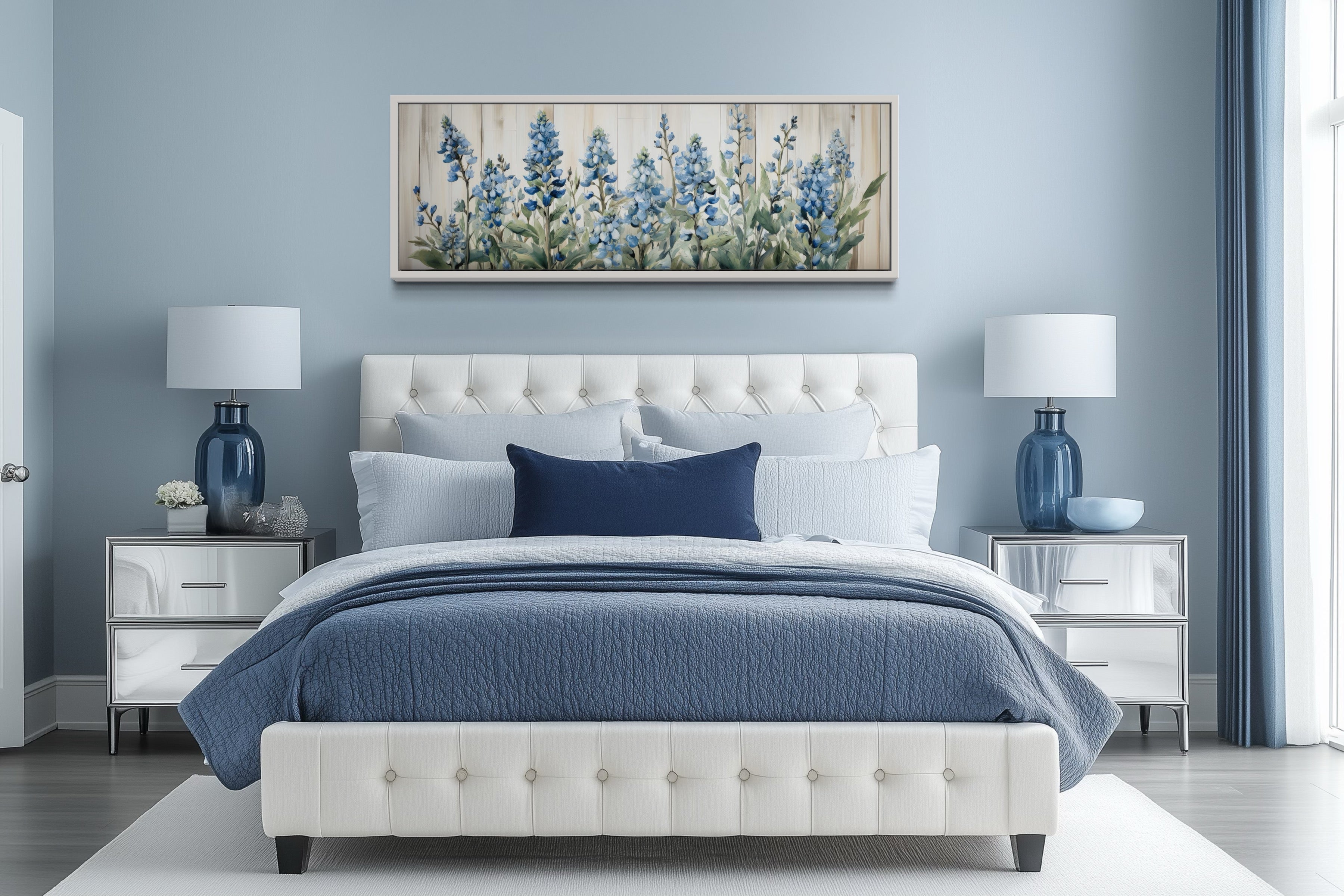 Blue Wildflowers Horizontal Framed Canvas Wall Art For Above Bed Decor