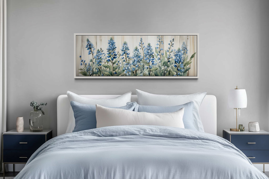 Blue Wildflowers Horizontal Framed Canvas Wall Art For Above Bed Decor