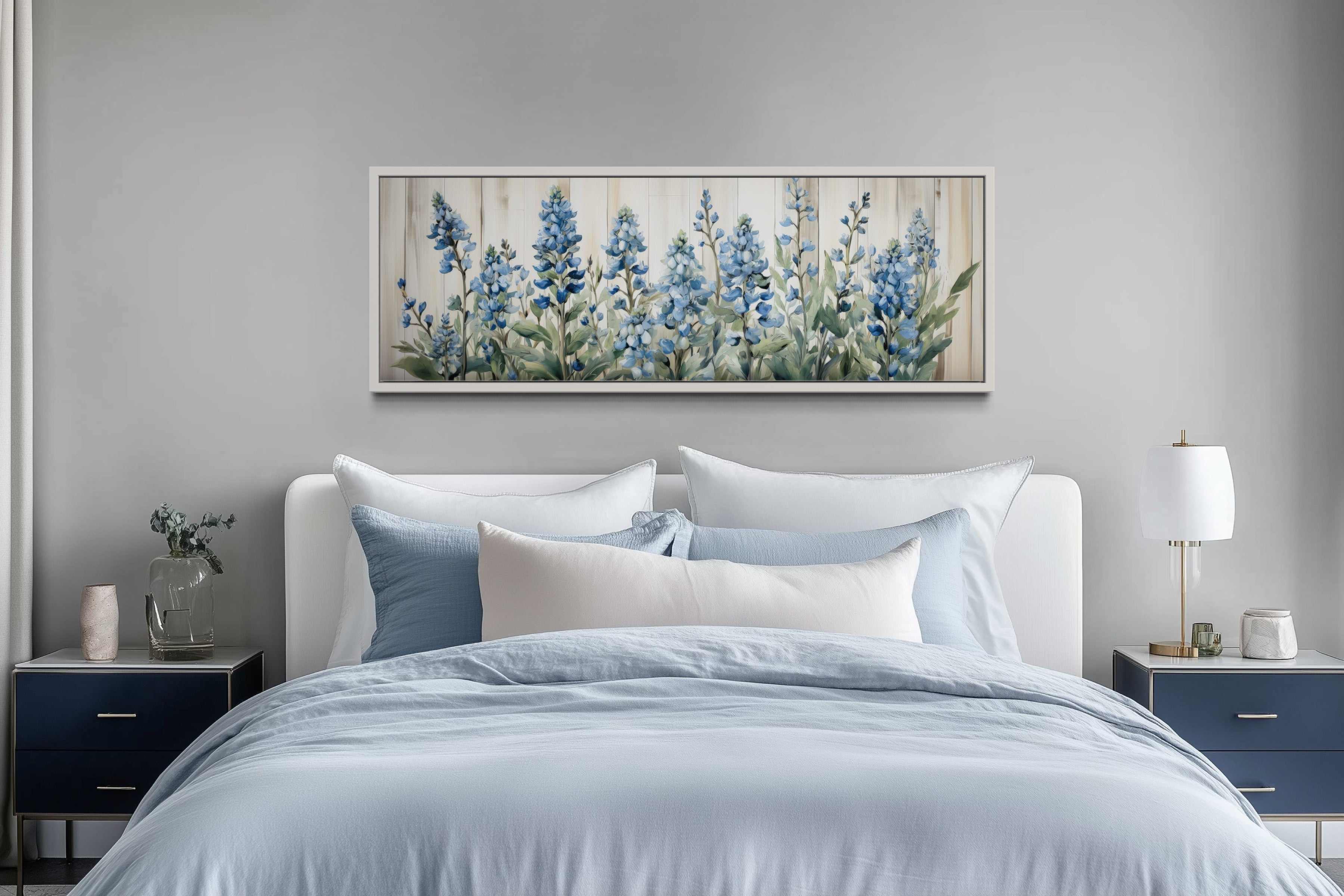 Blue Wildflowers Horizontal Framed Canvas Wall Art For Above Bed Decor