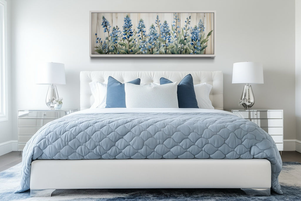 Blue Wildflowers Horizontal Framed Canvas Wall Art For Above Bed Decor