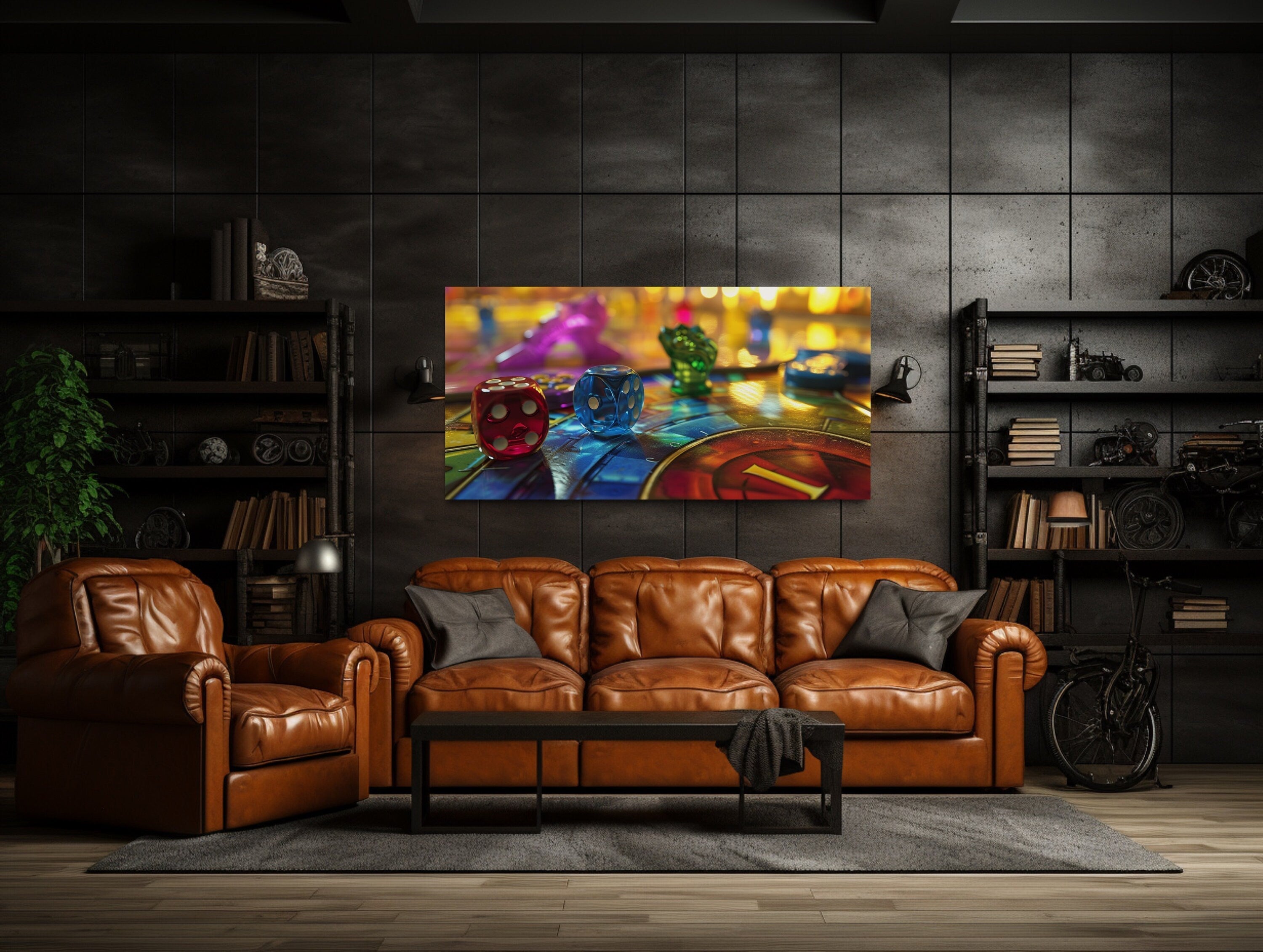 Board Game Wall Art - Framed Canvas Print with Rolling Dice for Game Room Decor