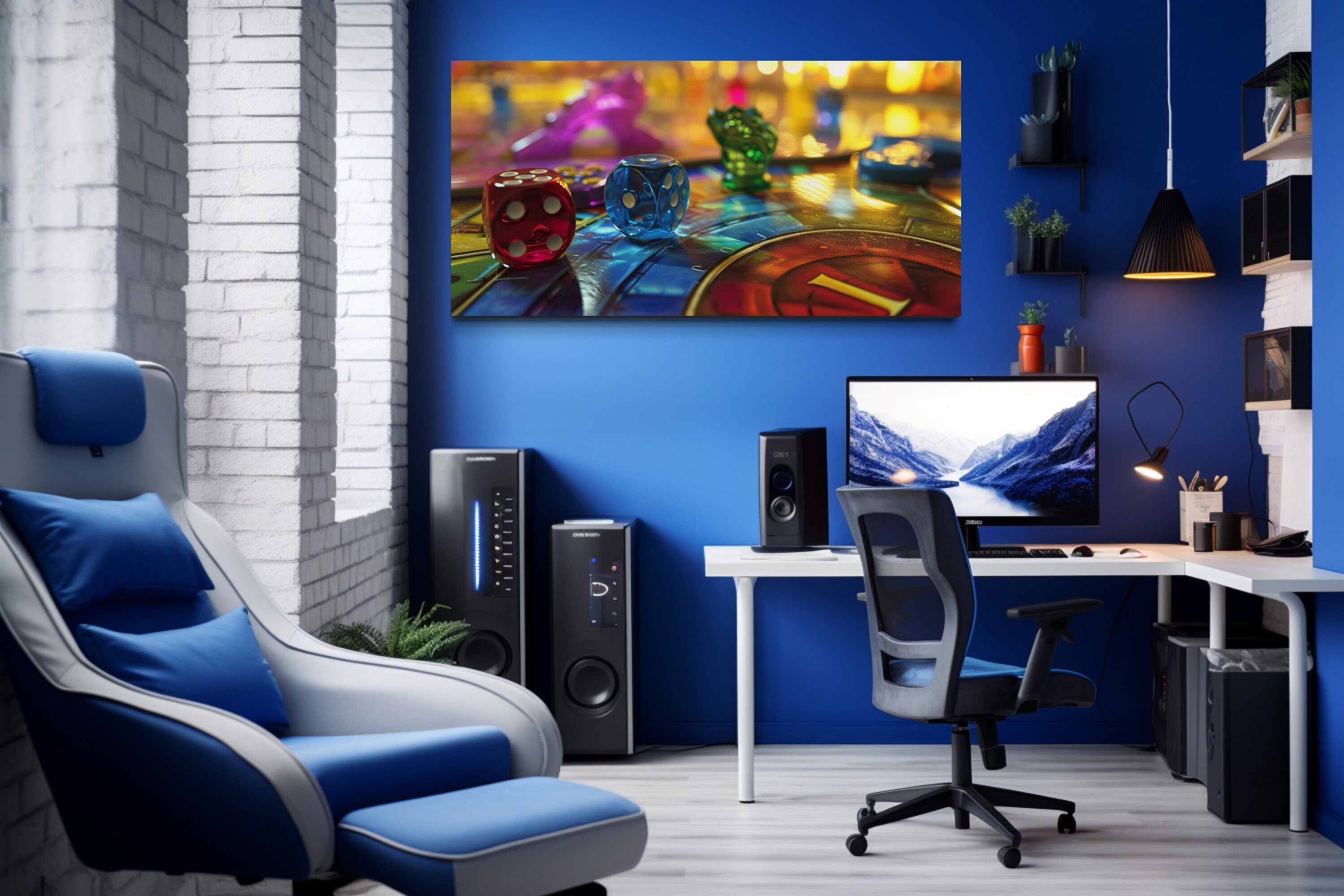 Board Game Wall Art - Framed Canvas Print with Rolling Dice for Game Room Decor