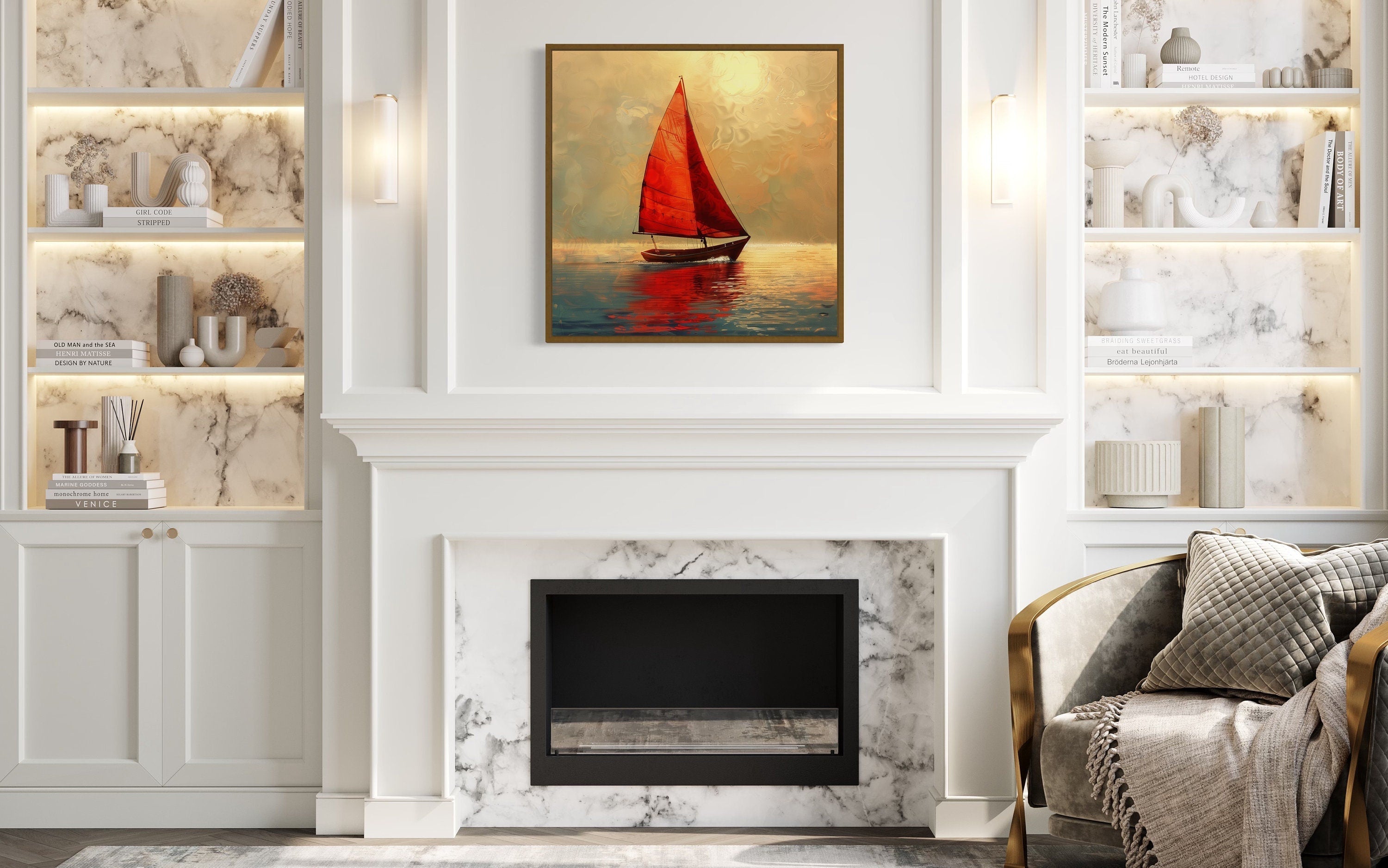 Boat With Red Sails In Golden Sunset Nautical Framed Canvas Wall Art
