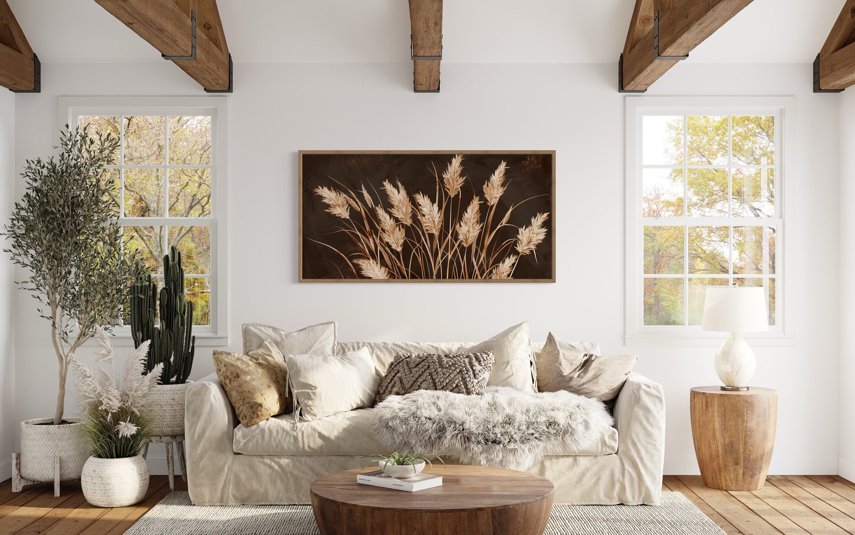 Boho Canvas Wall Art – Brown Beige Framed Canvas Print | Rustic Farmhouse Decor