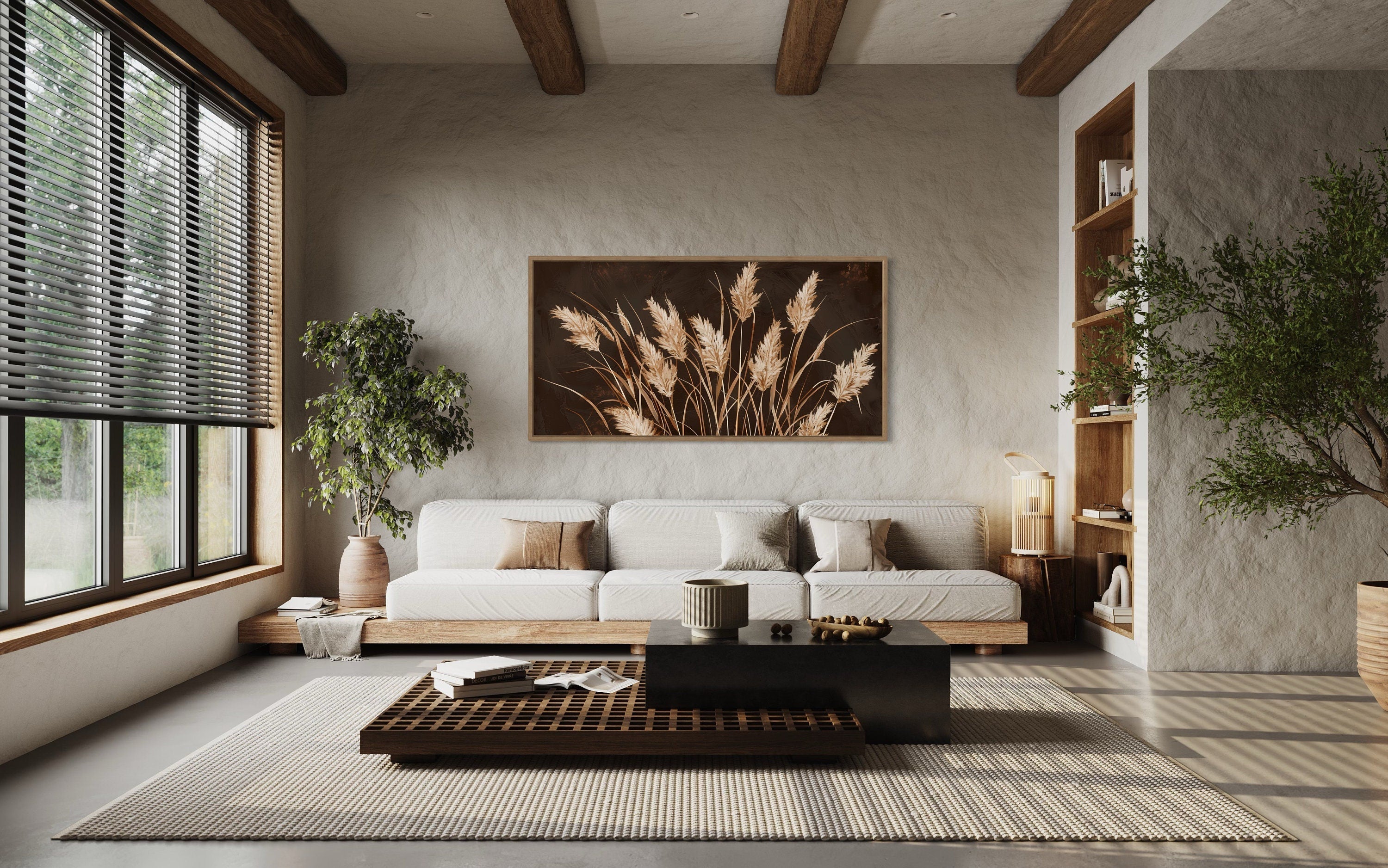 Boho Canvas Wall Art – Brown Beige Framed Canvas Print | Rustic Farmhouse Decor
