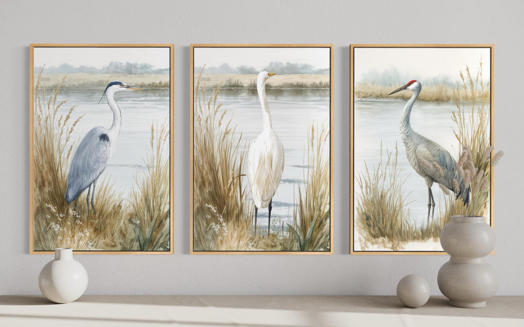 Boho Coastal Birds Wall Art - Heron Egret Crane Prints | Neutral Lake House Canvas Set