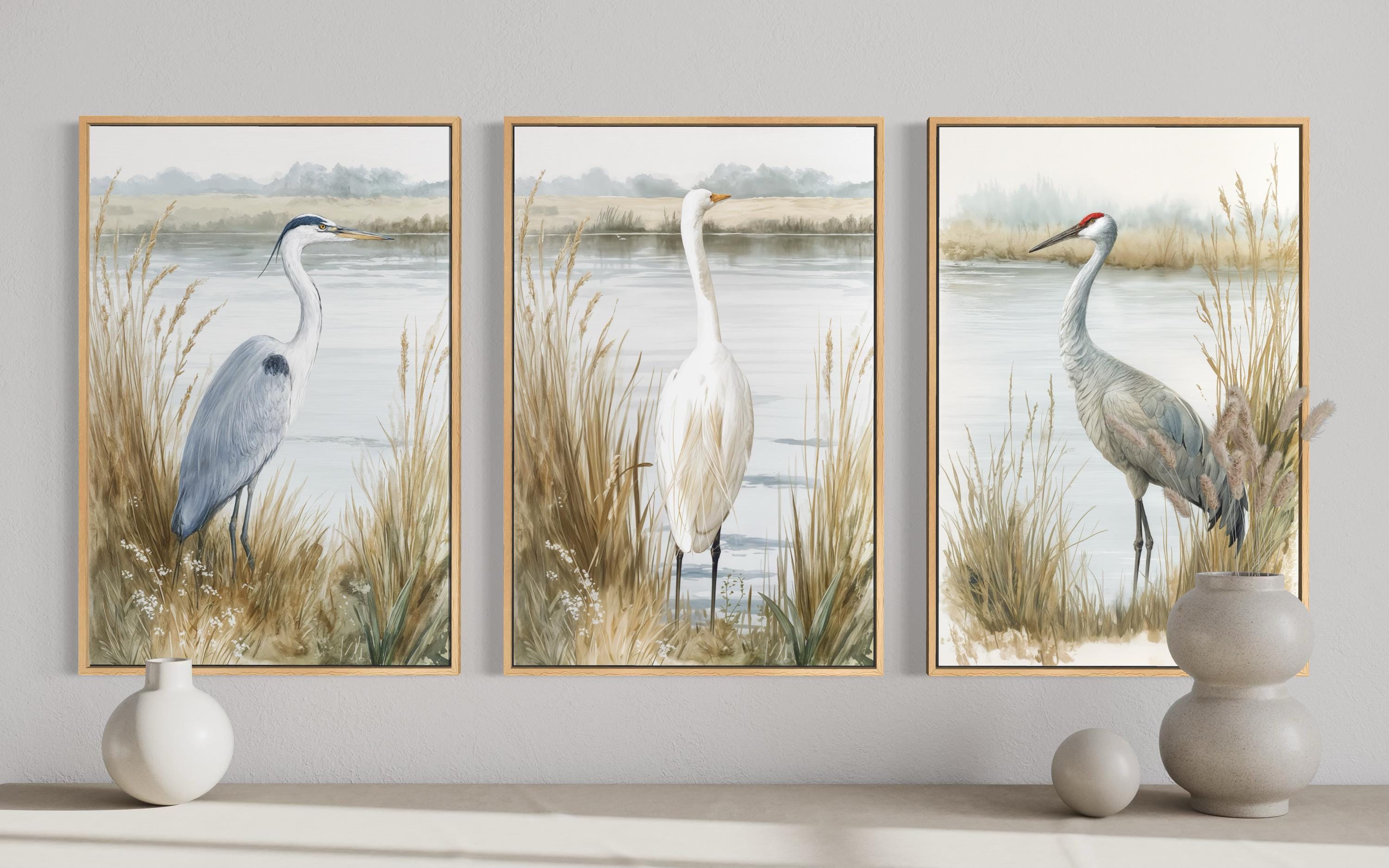 Boho Coastal Birds Wall Art - Heron Egret Crane Prints | Neutral Lake House Canvas Set