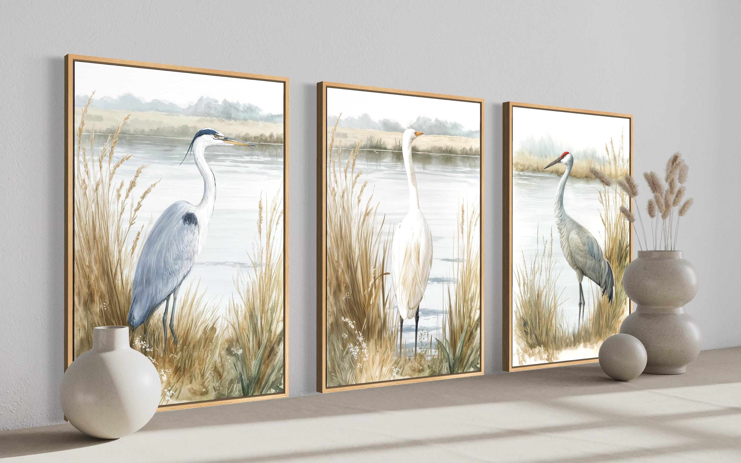 Boho Coastal Birds Wall Art - Heron Egret Crane Prints | Neutral Lake House Canvas Set