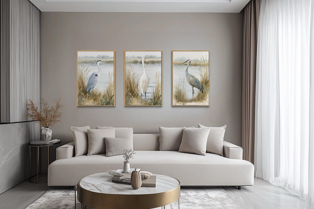 Boho Coastal Birds Wall Art - Heron Egret Crane Prints | Neutral Lake House Canvas Set