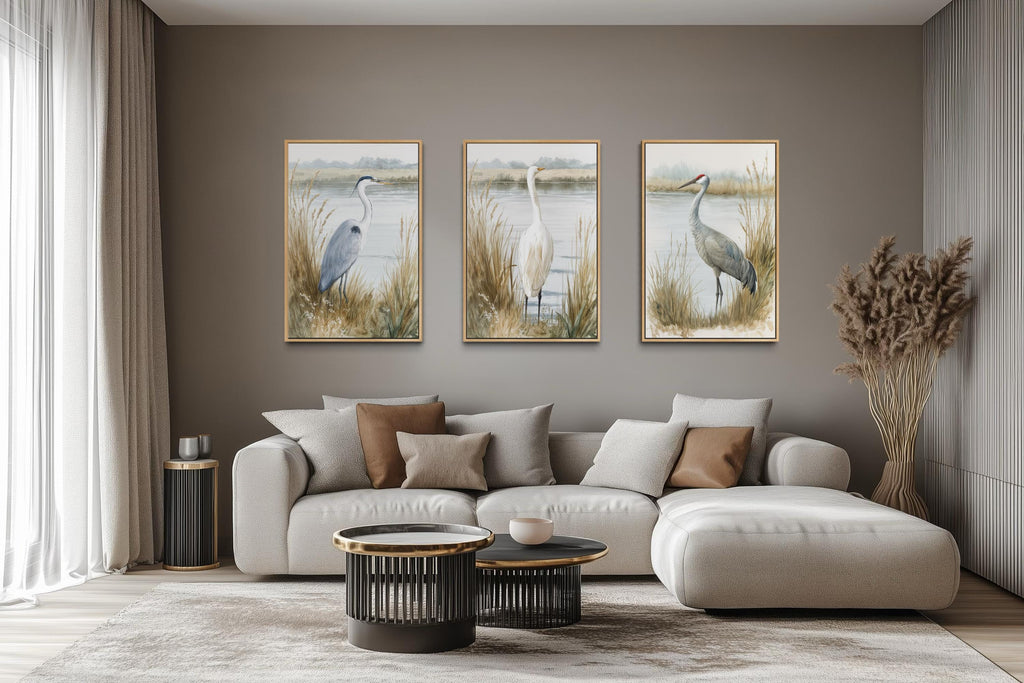 Boho Coastal Birds Wall Art - Heron Egret Crane Prints | Neutral Lake House Canvas Set