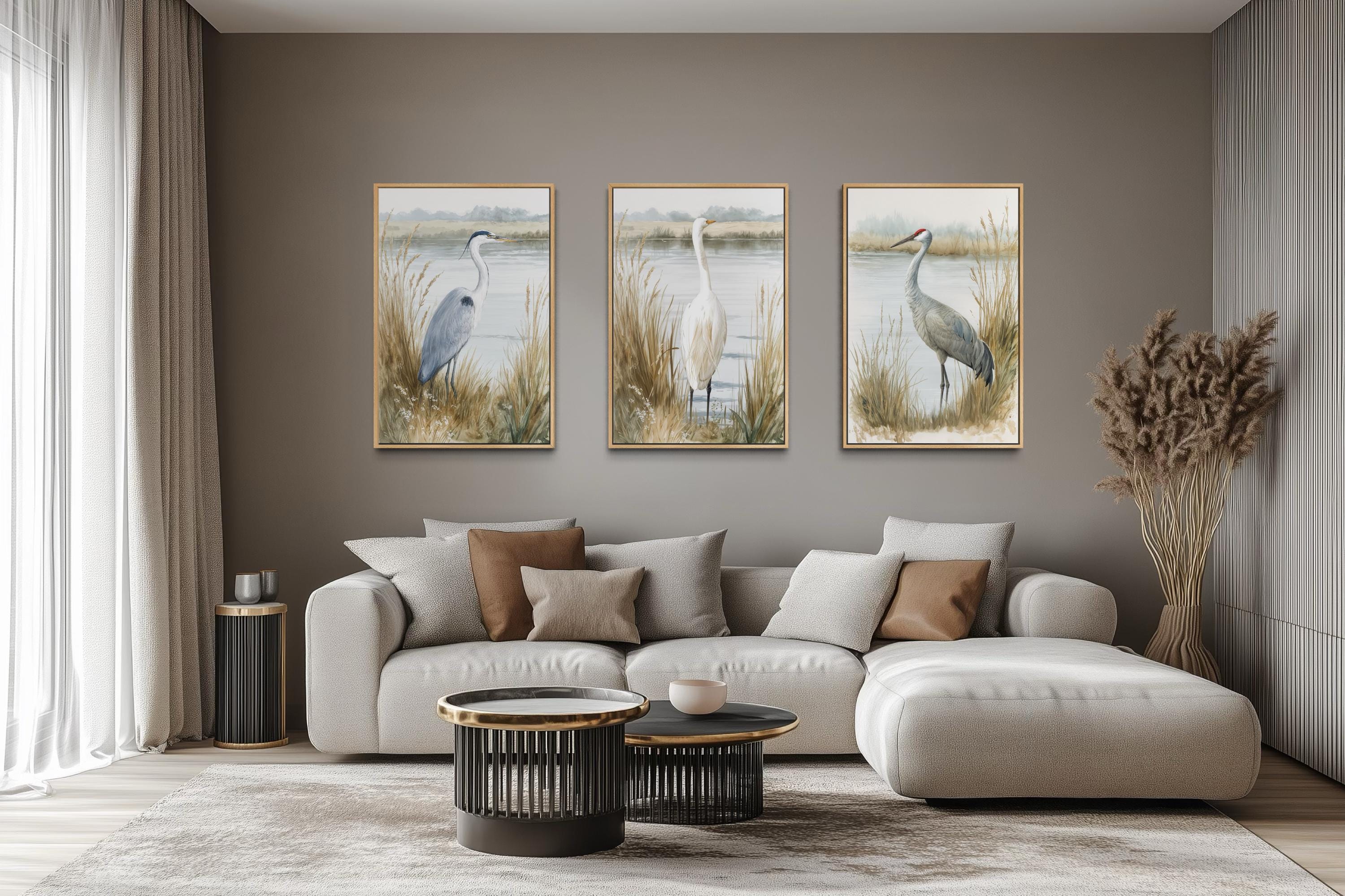 Boho Coastal Birds Wall Art - Heron Egret Crane Prints | Neutral Lake House Canvas Set
