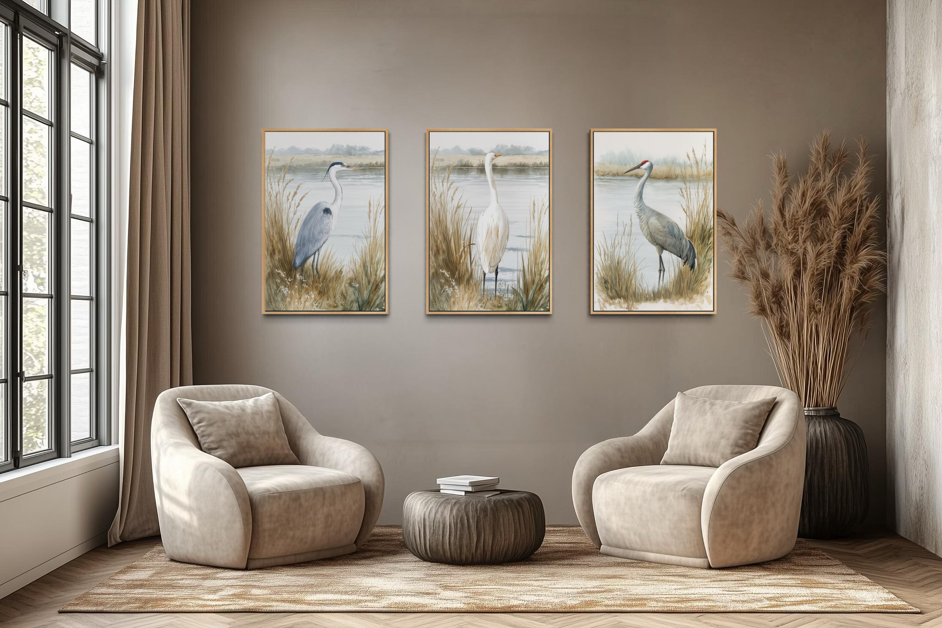 Boho Coastal Birds Wall Art - Heron Egret Crane Prints | Neutral Lake House Canvas Set