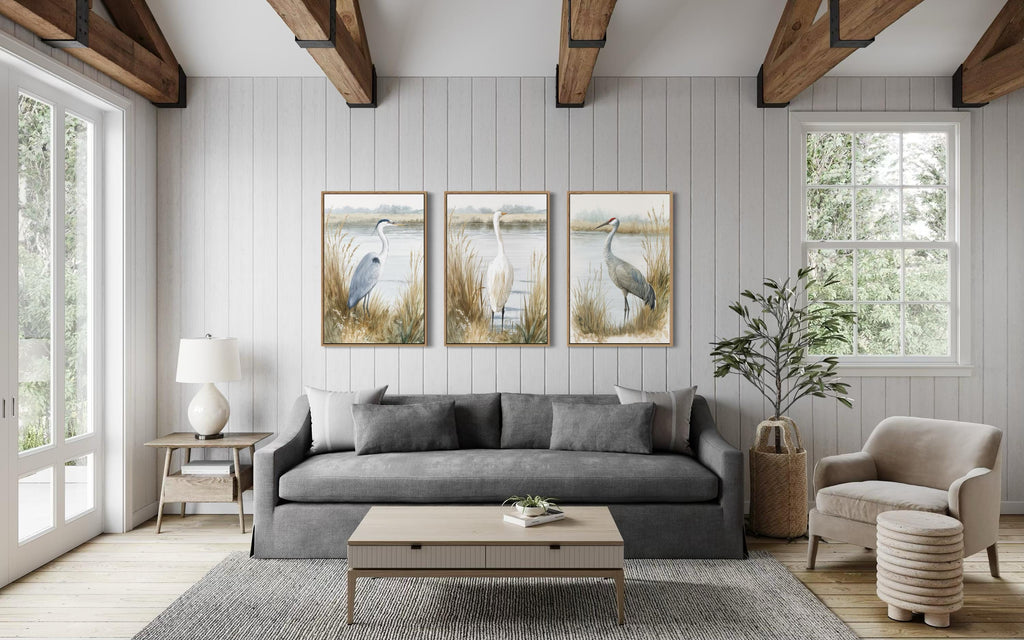 Boho Coastal Birds Wall Art - Heron Egret Crane Prints | Neutral Lake House Canvas Set