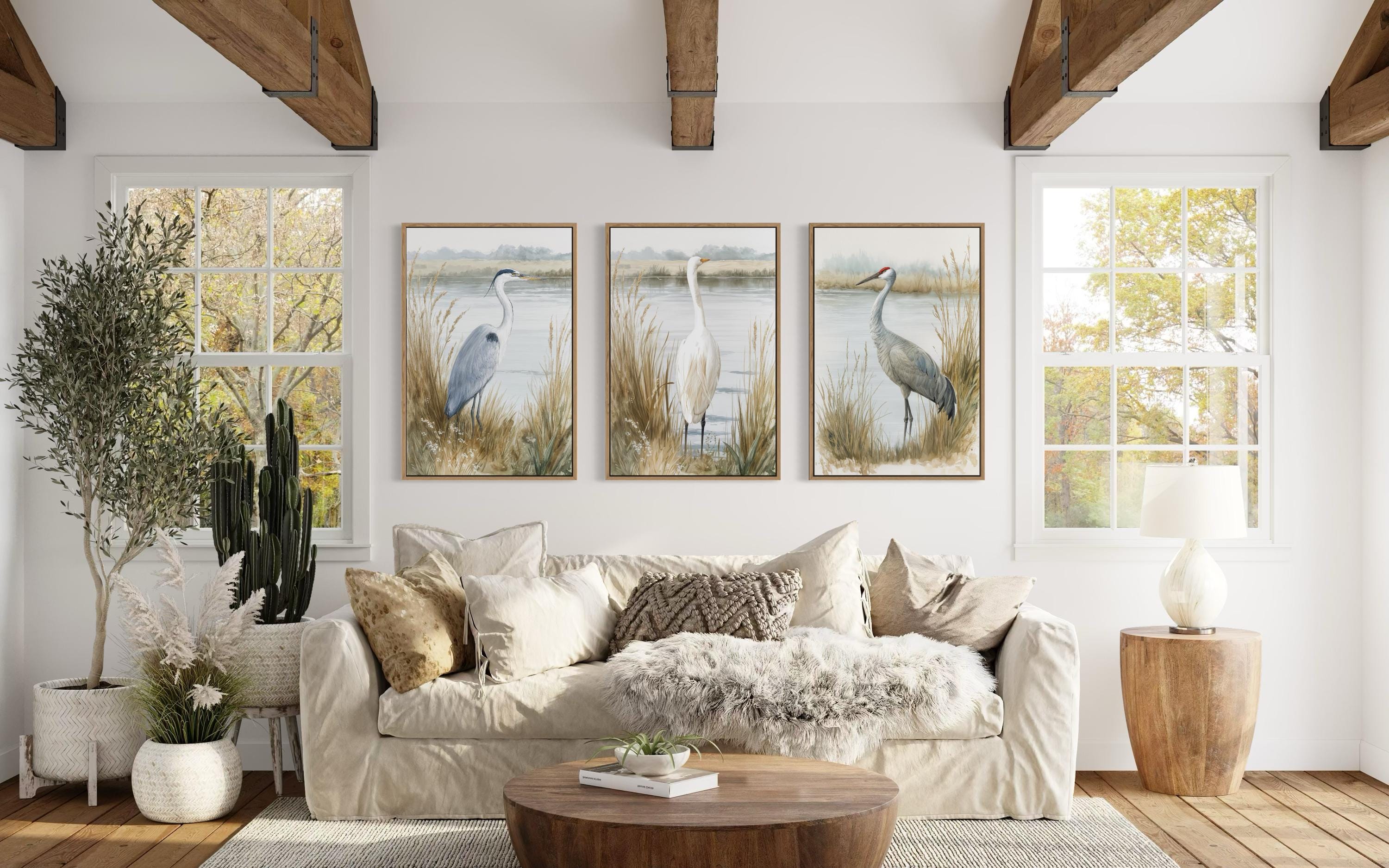 Boho Coastal Birds Wall Art - Heron Egret Crane Prints | Neutral Lake House Canvas Set