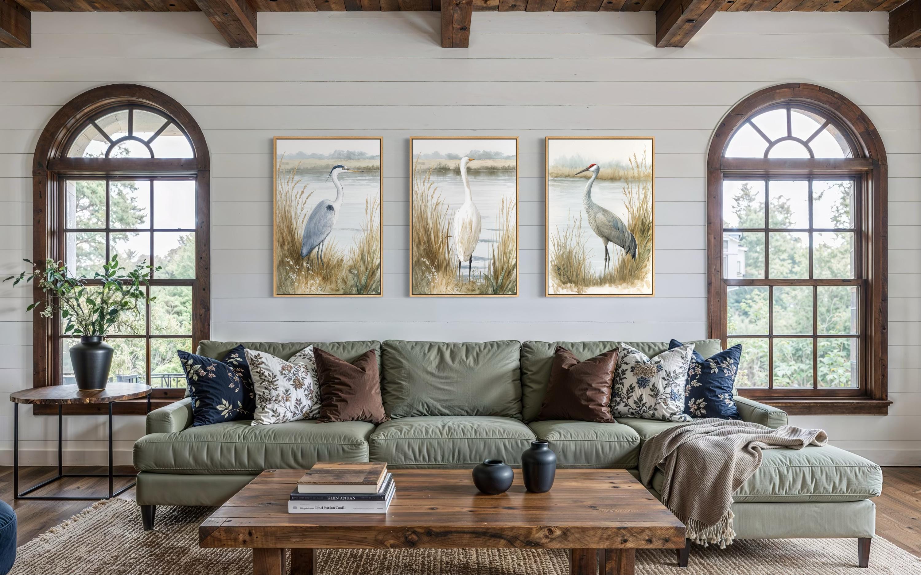 Boho Coastal Birds Wall Art - Heron Egret Crane Prints | Neutral Lake House Canvas Set