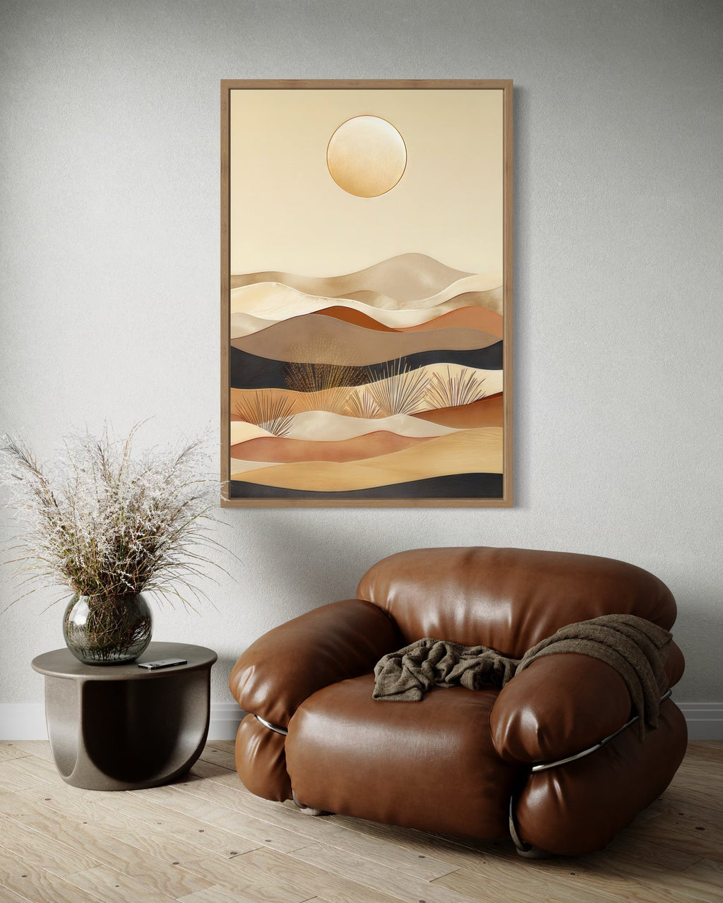 Boho Desert Vertical Mid Century Modern Framed Canvas Wall Art