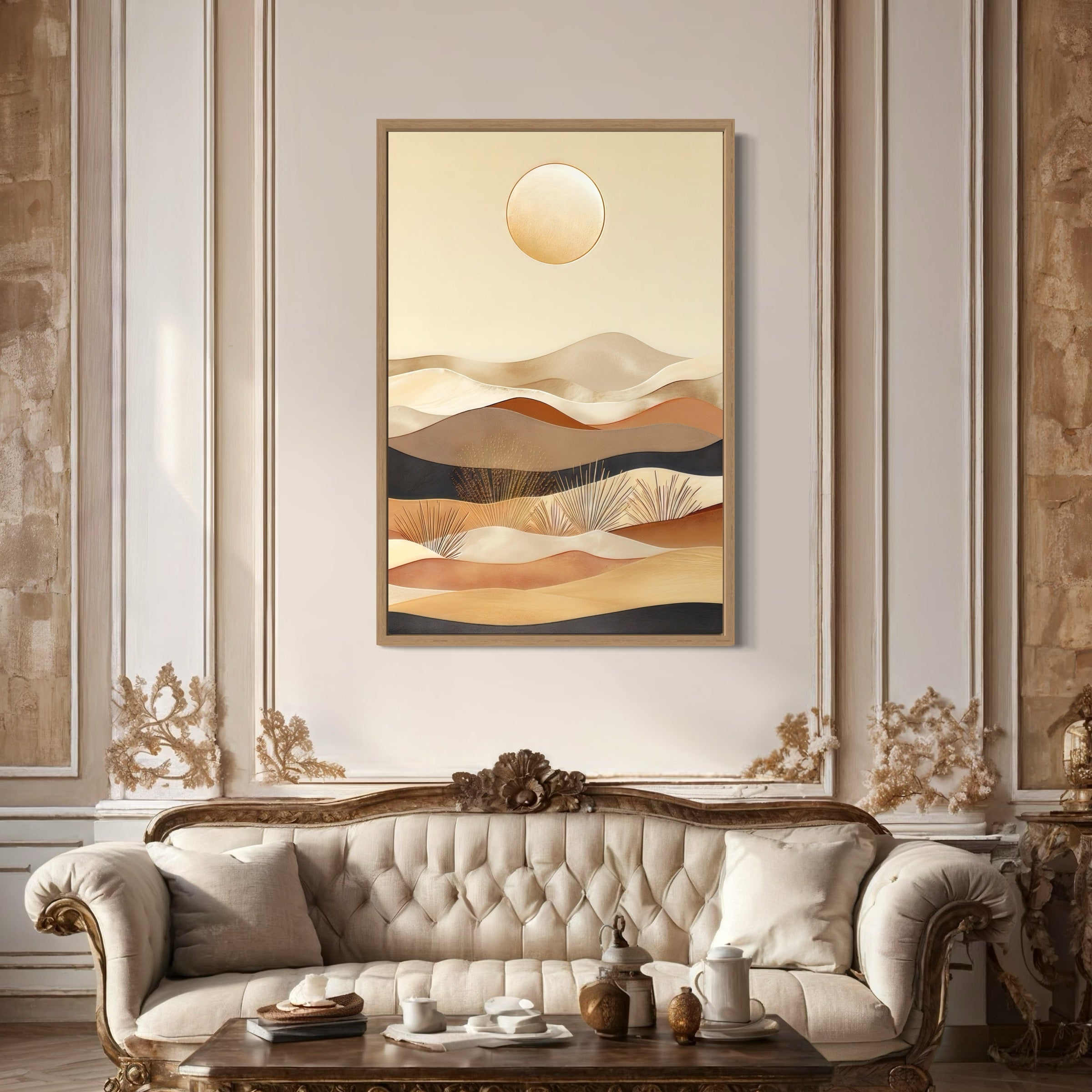 Boho Desert Vertical Mid Century Modern Framed Canvas Wall Art