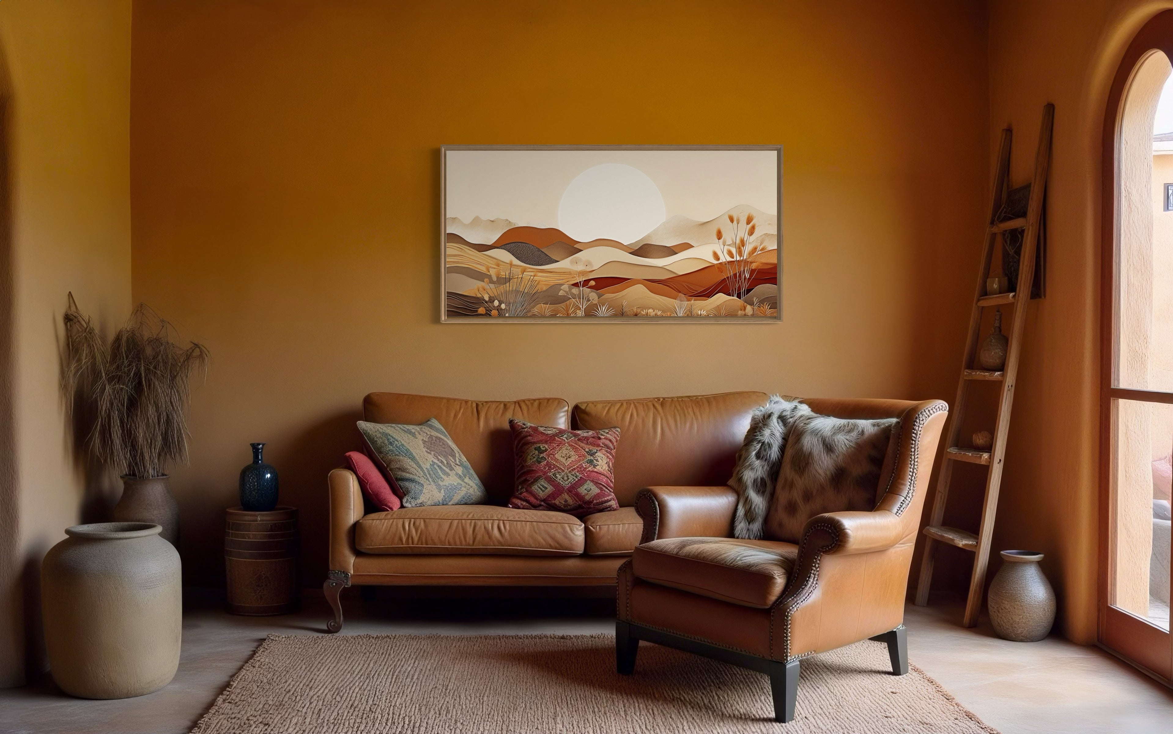 Boho Desert Wall Art - Mid Century Landscape Framed Canvas in Neutral Earth Tones