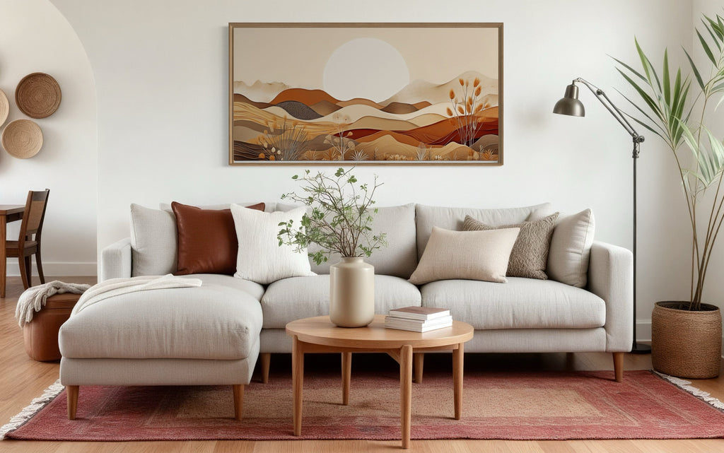 Boho Desert Wall Art - Mid Century Landscape Framed Canvas in Neutral Earth Tones