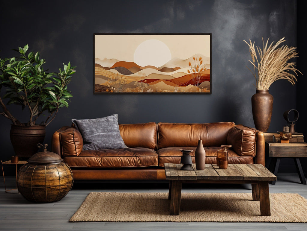Boho Desert Wall Art - Mid Century Landscape Framed Canvas in Neutral Earth Tones