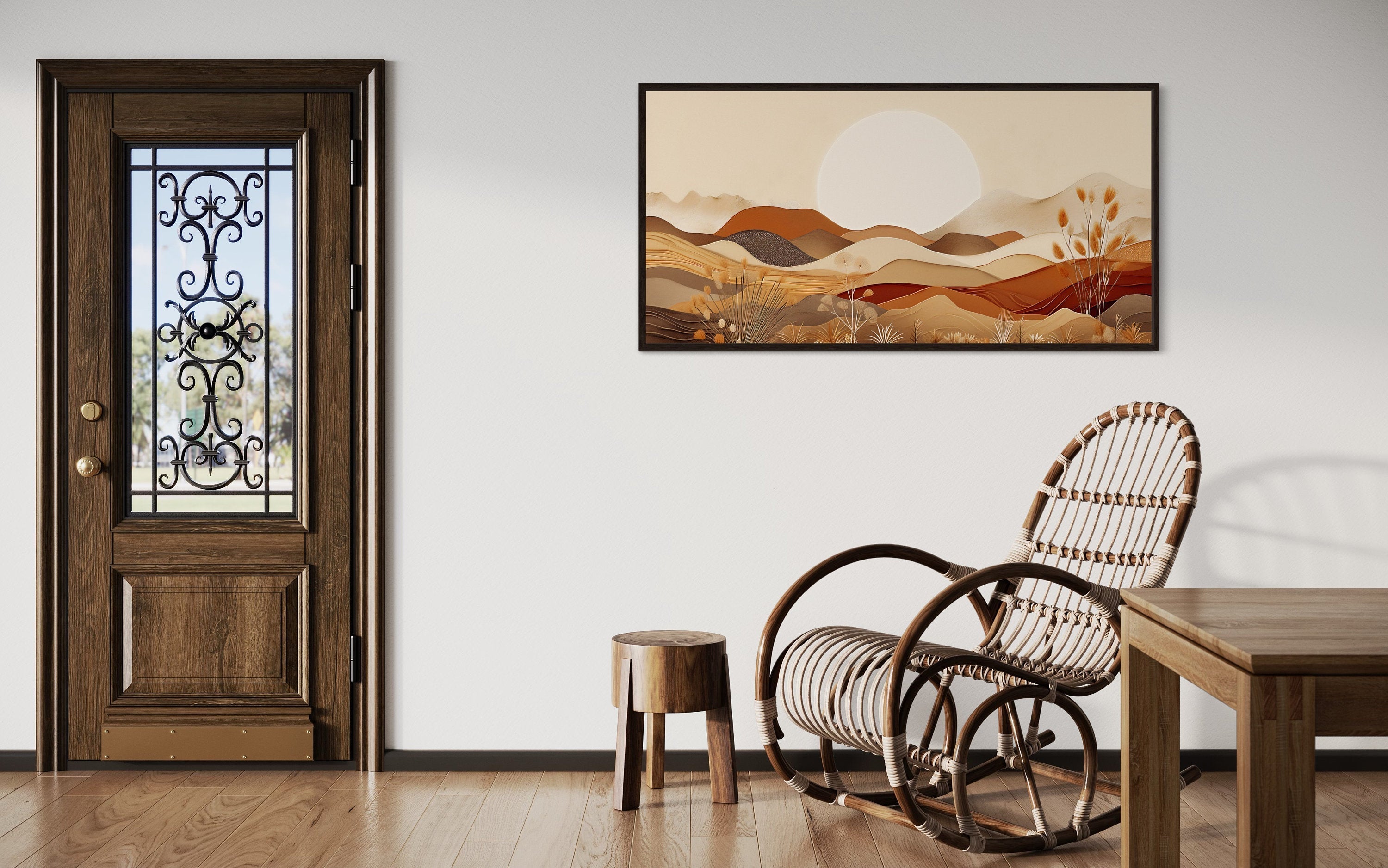 Boho Desert Wall Art - Mid Century Landscape Framed Canvas in Neutral Earth Tones