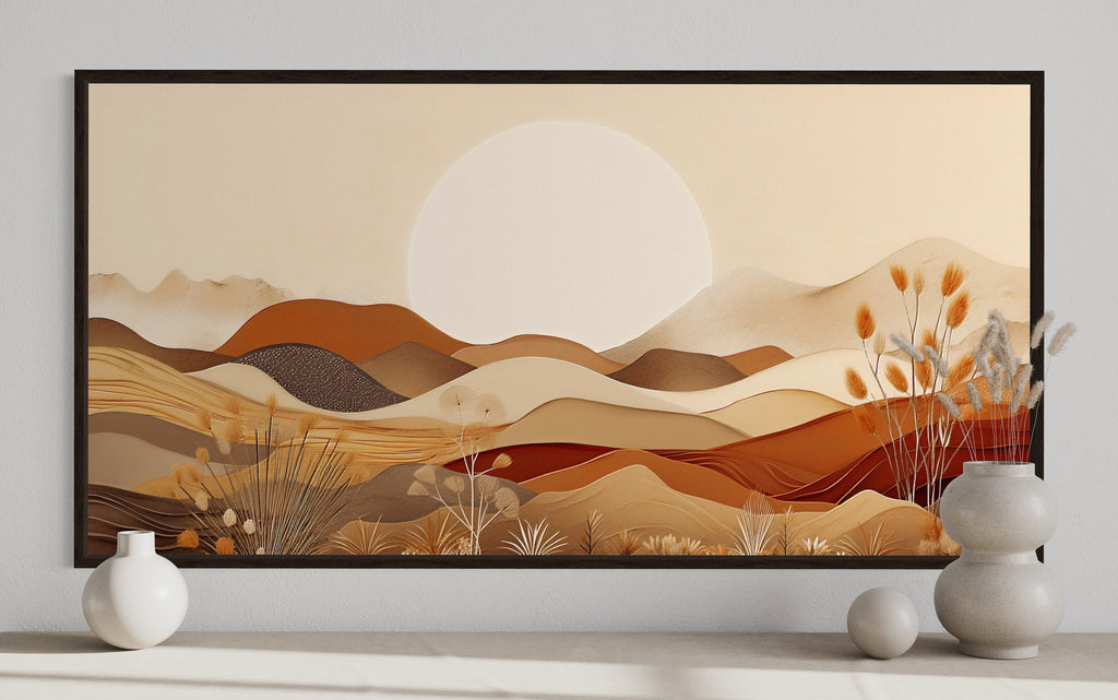 Boho Desert Wall Art - Mid Century Landscape Framed Canvas in Neutral Earth Tones