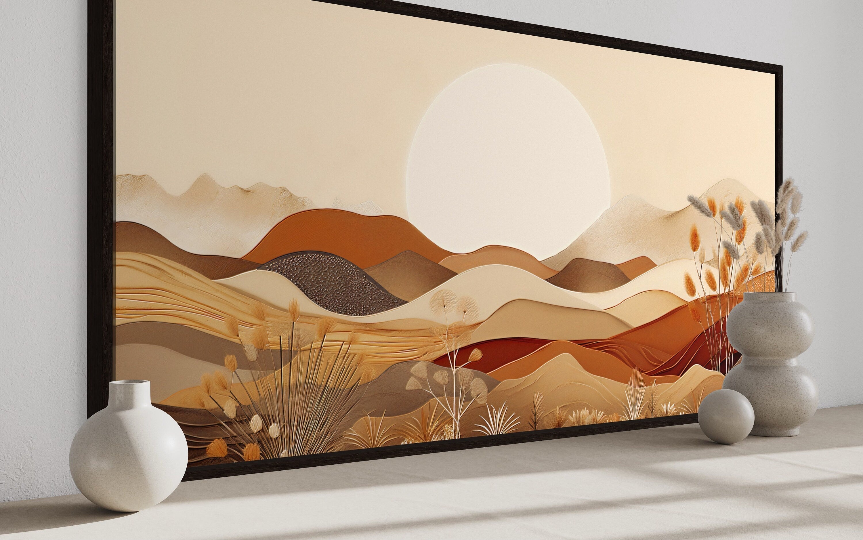 Boho Desert Wall Art - Mid Century Landscape Framed Canvas in Neutral Earth Tones