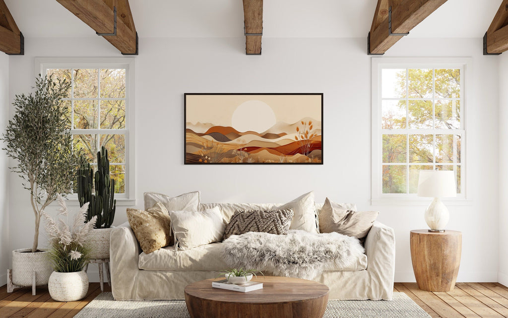 Boho Desert Wall Art - Mid Century Landscape Framed Canvas in Neutral Earth Tones