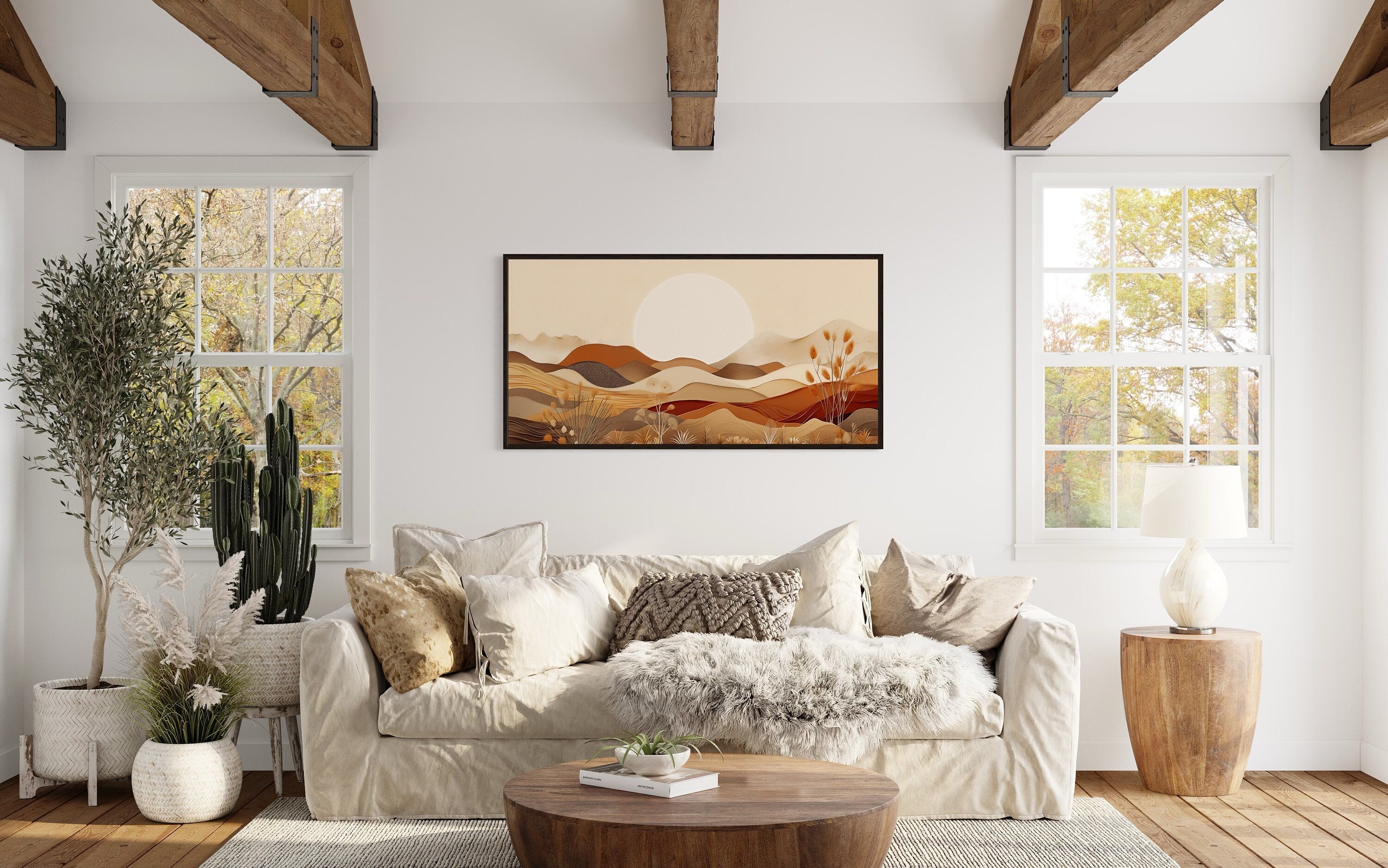 Boho Desert Wall Art - Mid Century Landscape Framed Canvas in Neutral Earth Tones